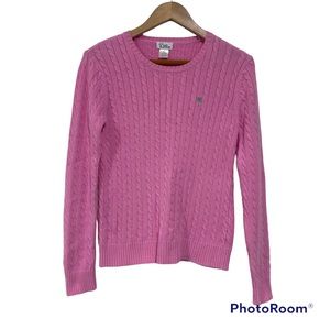 Lilly Pulitzer women’s SZ M~Crewneck Cable Knit Sweater Pink Palm logo Vintage